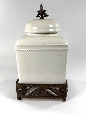 Unbranded White Ceramic Decorative Jar with Bronze Filigree Base